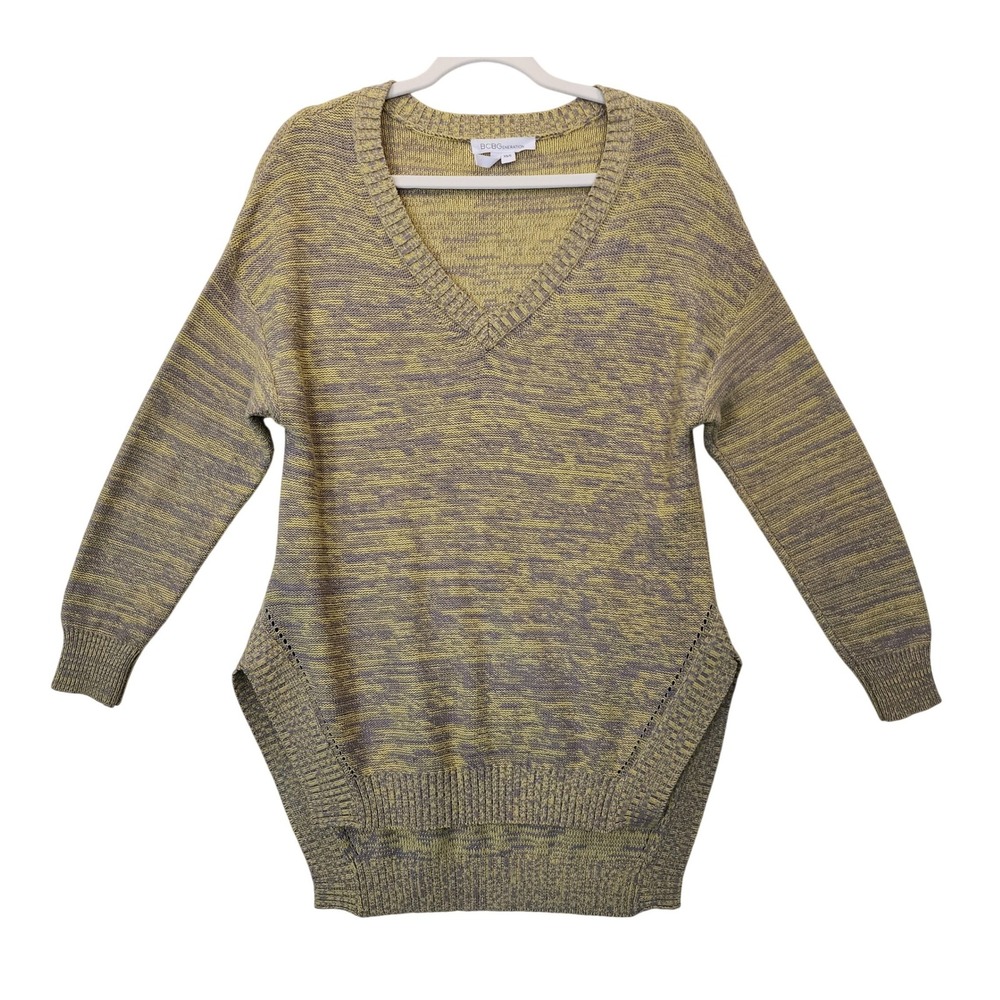 BCBGeneration Womens Space Dye V-Neck High Low Oversized Sweater Yellow Grey XS